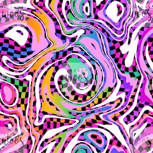 Könnte beinhalten: Abstrakter digitaler Kunstdruck mit einem wirbelnden, psychedelischen Muster in Pink, Blau, Grün, Gelb und Weiß auf einem schwarz-weiß karierten Hintergrund.