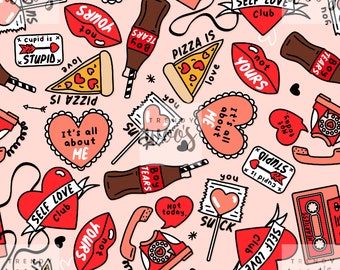May include: A pink background with a repeating pattern of red hearts, lips, pizza slices, and other Valentine's Day themed illustrations. The text "Self Love Club" appears multiple times in the pattern.