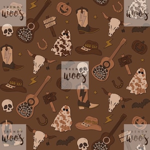 Halloween Western Cowboy Cowgirl Wild West Country Desert Muted Boho Seamless Pattern / Fabric Design / Surface Pattern / Digital Pattern
