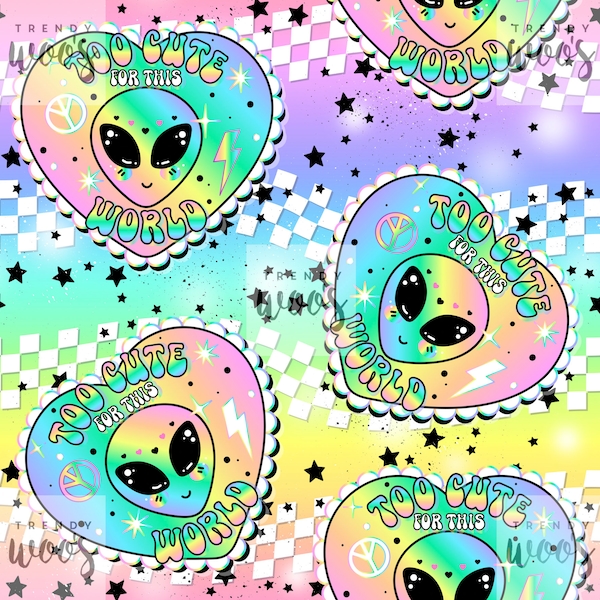 Retro Alien Sci-Fi Rainbow Kawaii Rainbow Pastel Dopamine Fun Seamless Pattern / Fabric Design / Surface Pattern / Digital Pattern