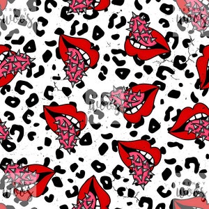 Studded Tongue Lips Punk Alternative Leopard Print Seamless Pattern / Fabric Design / Surface Pattern / Digital Paper / Digital Pattern