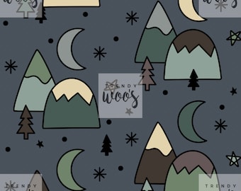 Scandi Mountain Forest Night time Sky Adventure Monochrome Seamless Pattern / Fabric Design / Surface Pattern / Digital Pattern