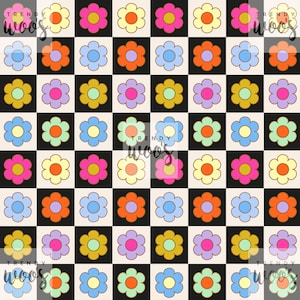 May include: A seamless pattern featuring a checkered background in black and white with colorful daisy flowers in shades of pink, yellow, blue, orange, and green.