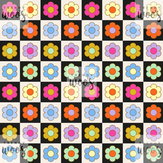 Patchwork Checkerboard Floral Flowers 70s Retro Dopamine