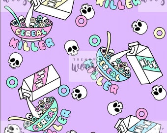 Cereal Killer Skull Halloween Kawaii Retro Punk Rock Seamless Pattern / Fabric Design / Surface Pattern / Digital Pattern / Digital Pattern