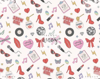 May include: A repeating pattern on a light background features various illustrations. Included are red high heels, sunglasses, microphones, disco balls, hearts, bows, and the text "SHOW GIRL" and "WISH LIST". The design also incorporates musical notes, lightning bolts, and stars.
