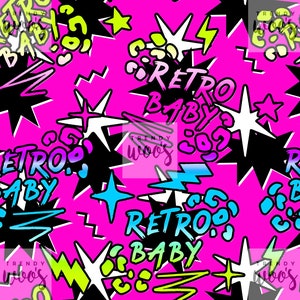 Retro Baby 80s 90s Lightning Leopard Rainbow Slogan Seamless Pattern / Fabric Design / Surface Pattern / Digital Paper / Digital Pattern