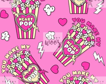 May include: A pink and yellow seamless pattern with a popcorn bucket with the text "You Make My Heart Pop" and a heart with the text "Heart Pop".