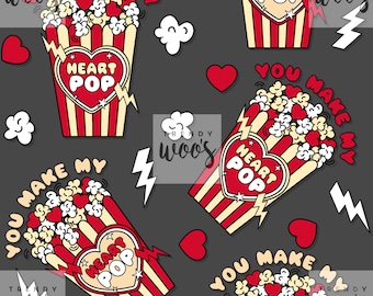 May include: A seamless pattern featuring a red and white striped popcorn bucket with a heart-shaped lid that says "Heart Pop". The bucket is filled with popcorn and hearts. The pattern also includes the text "You Make My Heart Pop" and lightning bolts.