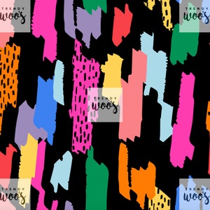 Puede incluir: Patrón geométrico abstracto con pinceladas coloridas y el texto "TRENDY woo's" repetido en todo el diseño.