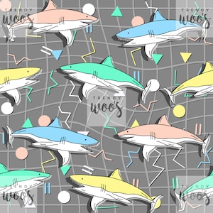 May include: A seamless pattern featuring colorful cartoon sharks swimming in a geometric grid. The sharks are in various shades of blue, green, yellow, and pink. The background is a gray grid with geometric shapes in various colors.