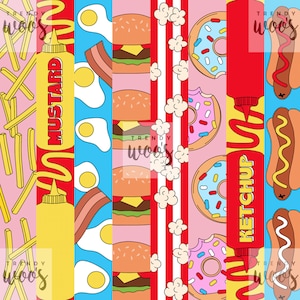 Fast Food Fries Hot Dog Burger Donut Popcorn Retro Vintage Stripes Seamless Pattern / Fabric Design / Surface Pattern / Digital Pattern