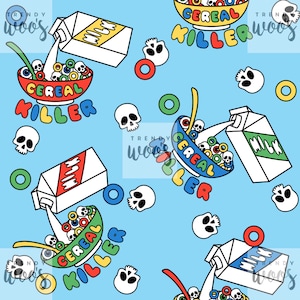 Cereal Killer Skull Halloween Kawaii Retro Punk Rock Seamless Pattern / Fabric Design / Surface Pattern / Digital Pattern / Digital Pattern
