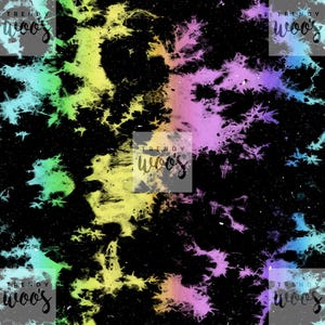 May include: A colourful tie-dye design with a black backdrop. The pattern features a mix of yellow, green, blue, and purple hues, creating a vibrant, splattered effect. This abstract design is suitable for a variety of uses, offering a bold and artistic aesthetic.
