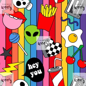 May include: A colorful rainbow striped background with various pop culture icons including a skull, a heart with a checkered pattern, a french fry container, a lollipop, an alien, a fried egg, a cherry, a soda can, a cassette tape, a lightning bolt, a star, a speech bubble with the text "hey you", and the text "trendy woo's" repeated throughout the image.