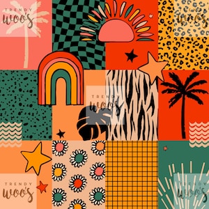 May include: A colorful patchwork design featuring a rainbow, sun, stars, palm trees, and floral patterns. The design incorporates various textures, including leopard print, zebra stripes, and checkered patterns. The text "Trendy Woos" is visible in several squares.
