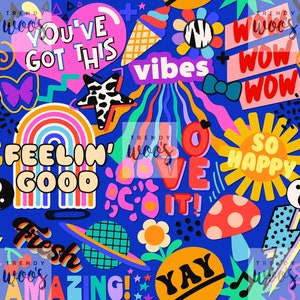 Feel Good Slogans Retro Vintage Fun Rainbow Bright Festival Seamless Pattern / Fabric Design / Surface Pattern / Digital