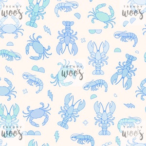 Crustacean Summer Beach Crab Lobster Shrimp Prawn Blue Sea Seamless Pattern / Fabric Design / Surface Pattern / Digital Pattern