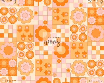 Floral Flower Patchwork Retro 70's Boho Oranges Warm Tones Spring Summer Check Seamless Pattern / Fabric Design / Surface Pattern / Digital