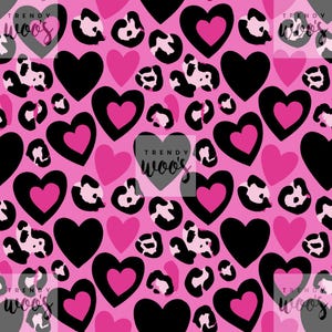 May include: A pink background is covered with a pattern of black hearts, pink hearts, and leopard print spots. The words "TRENDY woos" are in the corners of the image.