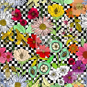 May include: A black and white chequered background with a variety of colourful flowers in bloom. The flowers include yellow lilies, red poppies, pink daisies, and blue forget-me-nots.