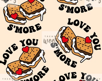May include: A seamless pattern featuring a repeated design of two graham crackers with a chocolate and marshmallow filling, resembling a s'more. The design is surrounded by the text "Love You S'more" in black.