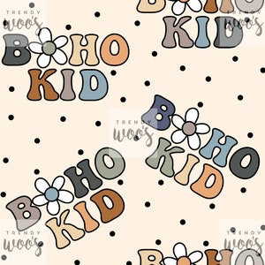 Könnte beinhalten: Ein nahtloses Muster mit dem Text "boho kid" in einer Retro-Schriftart mit einer Gänseblümchen-Blume. Der Text ist in Blautönen, Grün, Orange und Braun gehalten. Der Hintergrund ist hellbeige mit schwarzen Punkten.
