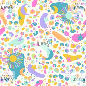 May include: A seamless pattern featuring a white background with colorful abstract shapes, stars, moons, and leopard print spots. The colors include yellow, orange, pink, blue, green, and purple.