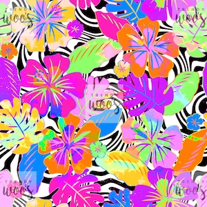 May include: A colorful tropical floral print with pink, orange, yellow, green, and blue hibiscus flowers and leaves on a black and white zebra stripe background.