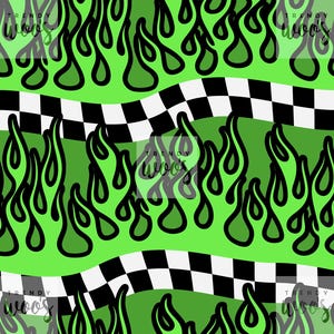 May include: A seamless pattern featuring green flames outlined in black, set against a light green background. A black and white checkered pattern is interspersed throughout the design. The words "TRENDY WOOS" are repeated across the image.