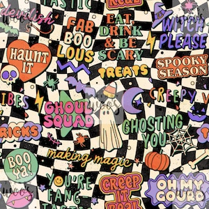 Pode incluir: Um padrão colorido com tema de Halloween com um fundo xadrez em preto e branco. O design apresenta várias frases e gráficos assustadores, incluindo fantasmas, abóboras e teias de aranha. O texto inclui "Haunt It", "Ghoul Squad" e "Creep It Real".