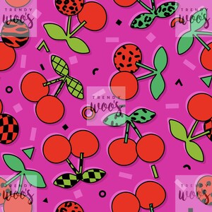 Memphis Cherries Cherry Fruit Summer Retro 90s Geometric Kids Pink Seamless Pattern / Fabric Design / Surface Pattern / Digital Pattern