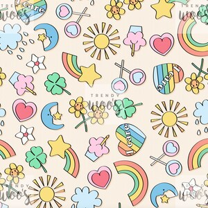 May include: A seamless pattern featuring a variety of cute and colorful illustrations, including hearts, stars, rainbows, clouds, flowers, and suns. The background is a light peach color.