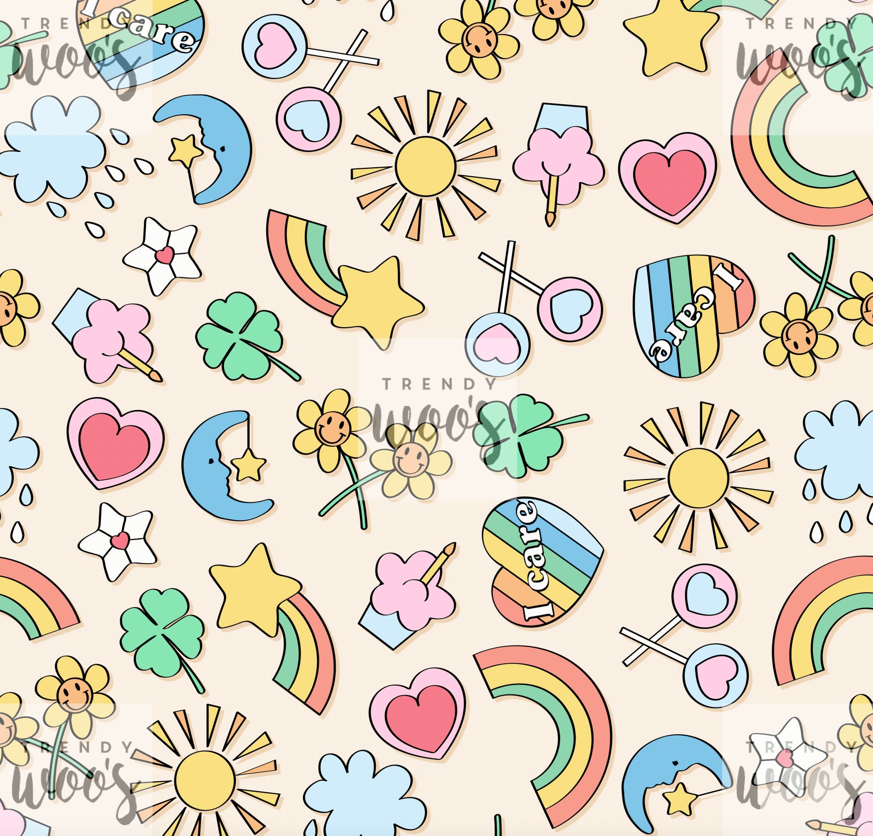 I Care Retro Bears 80s 90s Pastel Rainbow Icons Seamless Pattern