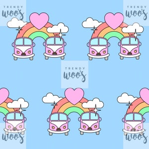 May include: A seamless pattern featuring two pink vintage vans driving under a rainbow with a pink heart on top. The background is light blue with the text "TRENDY woo's" in black.