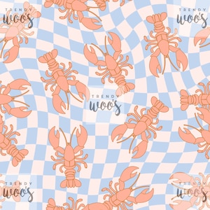 May include: A seamless pattern featuring pink lobsters on a blue and white checkered background. The text "TRENDY woo's" appears in the pattern.