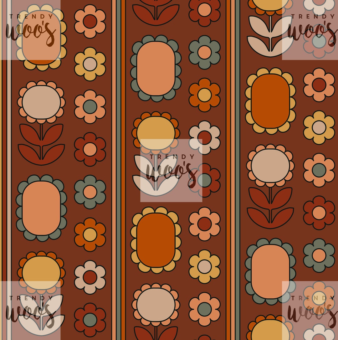 Retro 70s Vintage Floral Flowers Summer Fun Folk Scandi Brown Boho Fall ...