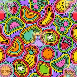 May include: A colourful seamless pattern featuring various fruits, including watermelon, pineapple, kiwi, banana, lemon, orange, pear, and strawberries. The fruits are outlined in rainbow colours and set against a purple background.