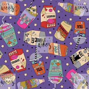 May include: A purple pattern featuring cartoon beverages and food items with Halloween themes. The design includes drinks labeled "Freak Shake," "Witches Brew," and "Bubbling Tea," along with "Vampire Blood" cartons and "Ghostly Grog" cans. Stars are scattered throughout.