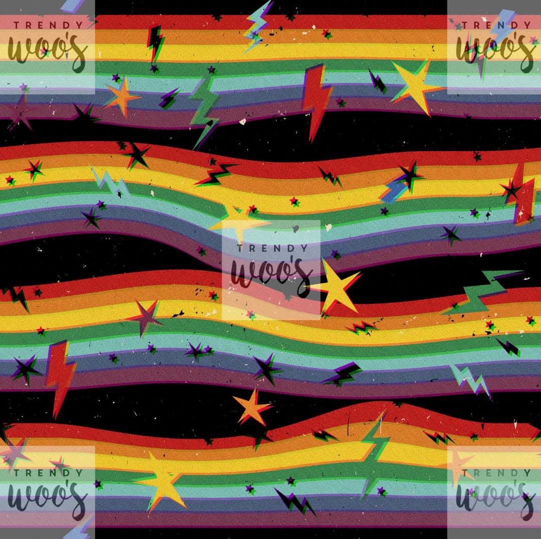 Retro Rainbow Psychedelic Stripes Stars Lightning Seamless Pattern ...