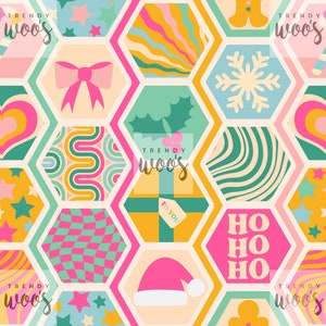 May include: A colorful hexagonal pattern with Christmas-themed illustrations. The pattern includes a bow, a snowflake, a heart, a present, a holly sprig, a Santa hat, a gingerbread man, and the words "HO HO HO".