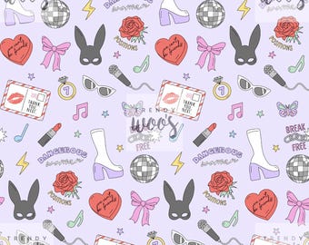 May include: A seamless pattern featuring a variety of colorful and playful graphics, including a disco ball, a microphone, a butterfly, a ring, a pair of sunglasses, a lipstick, a boot, a rose, a heart, a bow, a bunny mask, and text that says "Dangerous Woman", "Break Free", "Positions", "Thank You, Next", and "Trendy Woo's".