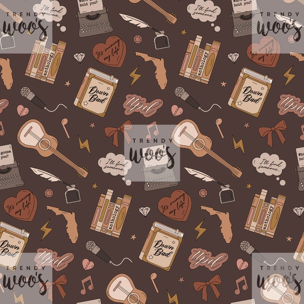 Swift Icons Music Pop Star Western Taylor TTPD Poet Book Anthology Boho Seamless Pattern / Fabric Design / Surface Pattern / Digital Pattern