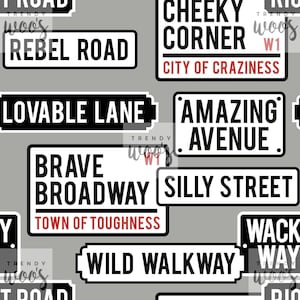 May include: A seamless pattern of black and white street signs with humorous names like "Rebel Road", "Cheeky Corner", "Lovable Lane", "Amazing Avenue", "Brave Broadway", "Silly Street", "Wild Walkway", and "Wack Way". The signs have a vintage look and are set against a gray background.