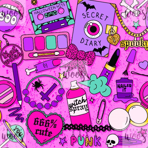Könnte beinhalten: Ein digitaler Druck in Pink und Lila mit verschiedenen Illustrationen zu den Themen Grusel und Girlie. Der Druck enthält ein Kassettenband, eine Make-up-Palette, eine Hexe-Sprayflasche, einen Schädel, ein Herz mit dem Text "666% cute", eine Spinne, ein Kreuz, eine Halskette, eine Sicherheitsnadel, eine Nagellackflasche, ein Tagebuch mit dem Text "Secret Diary", eine Fledermaus, einen Stern, einen Knochen, ein Schloss, einen Schlüssel und den Text "Spooky".