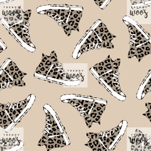 May include: A seamless pattern featuring leopard print high-top sneakers on a beige background. The text "TRENDY WOO'S" is repeated throughout the pattern.