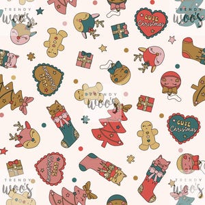 Cute Christmas Xmas Santa Preppy Bow Bauble Tree Present Stocking Deer Seamless Pattern / Fabric Design / Surface Pattern / Digital Pattern