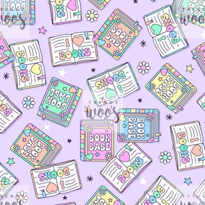 May include: A seamless pattern featuring colorful illustrations of books with various text, including "Book Babe", "I Love Books", and "Books". The background is a light purple with white stars and flowers.