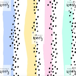 May include: Abstract pattern with vertical brushstrokes in pastel blue, yellow, pink, and mint green, interspersed with black polka dots. The text "TRENDY woos" is repeated in the corners and center of the image.