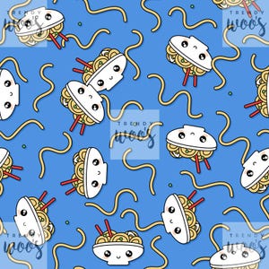 May include: A repeating pattern on a blue background features cartoon bowls of noodles with smiling faces, red chopsticks, and wavy yellow noodles. The text "TRENDY woos" is in the corners.
